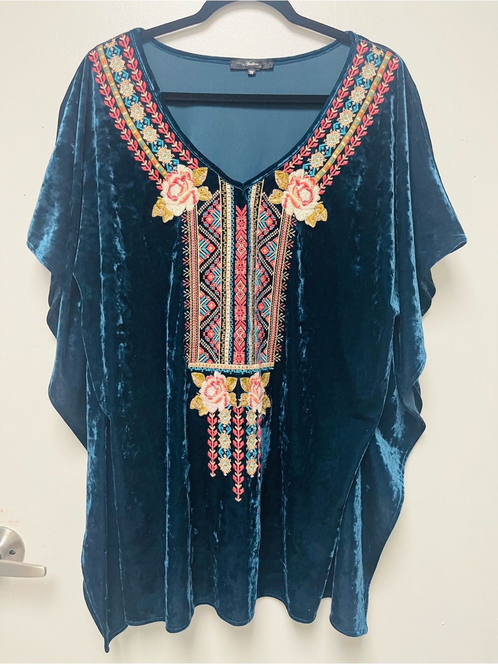 Andree Teal Velvet Embroidered V-Neck Blouse